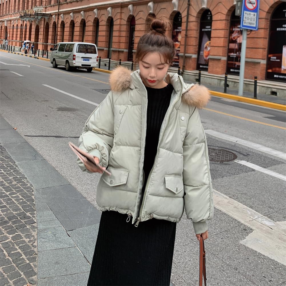 eleitchtee LHT Down Padded Winter Jacket with Fur Loose Thick Women's Coat, Outerwear, Jacket, Short, Hood, Pockets, Fit, Casual, (Size S, Green)