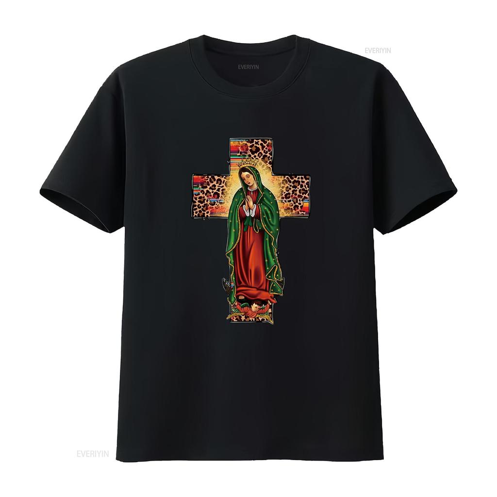 Mexican Serape Leopard Our Lady of Guadalupe Mexico T Shirt Vintage Washed Unisex Slightly Casual Homme Versatile Soft Fashion