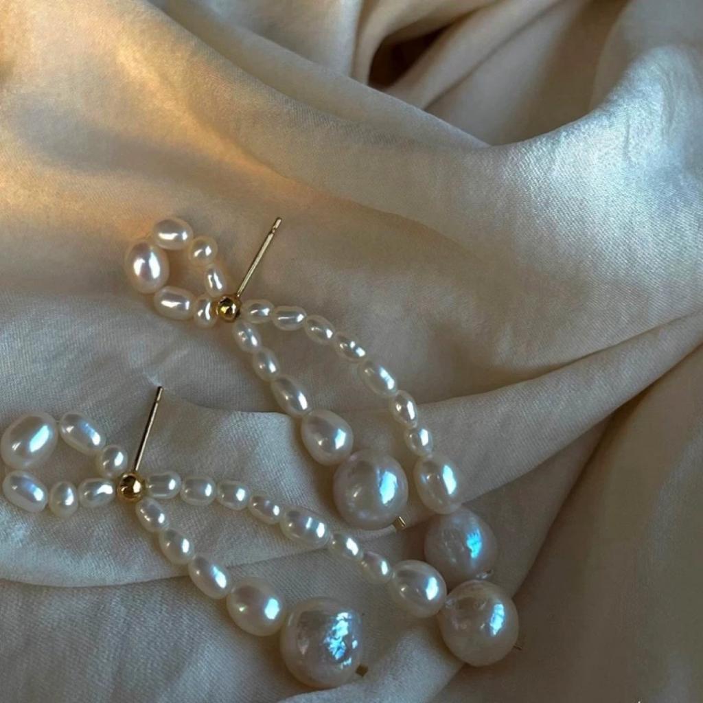 French Gentle 14k Gold Natural Baroque Pearl Earrings Niche Design Stud Earrings Silver Needle Bow