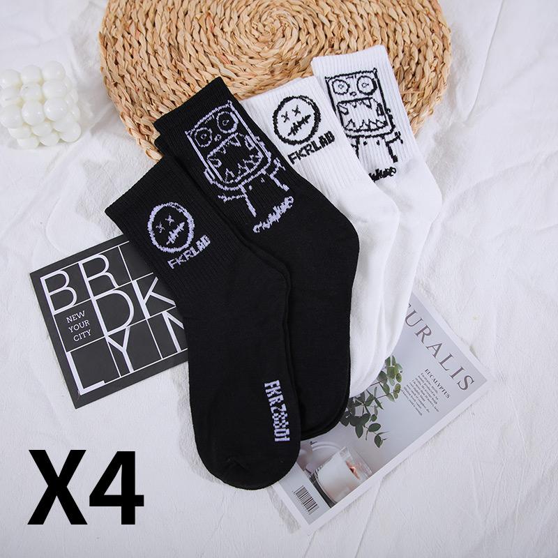CHRLEISURE 4 Pairs/Set Long Barrel Socks Men's Black And White Socks Trend Cartoon Long Tube Comfortable Breathable Couple Socks
