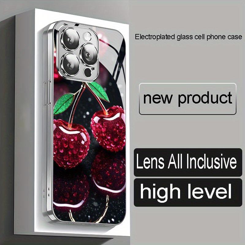 Cherry Pattern Tempered Glass Electroplated Silver Phone Case For iPhone 11 12 13 14 15 16 17 Pro Max Plus 16E 17 Air Cover
