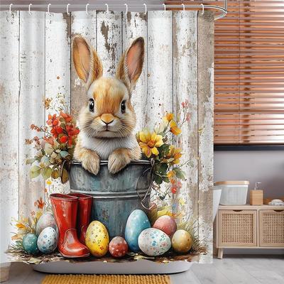 Easter Shower Curtain Set, Spring Bunny Rabbits Eggs Floral Rustic Wooden Decorative for Bathroom