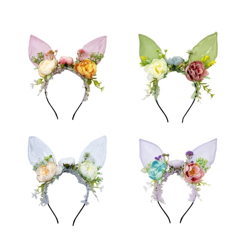 Large Bunnies Ears Hair Hoop Polychrome Flower Hairband Female Anime Headbands for Kids and Teens