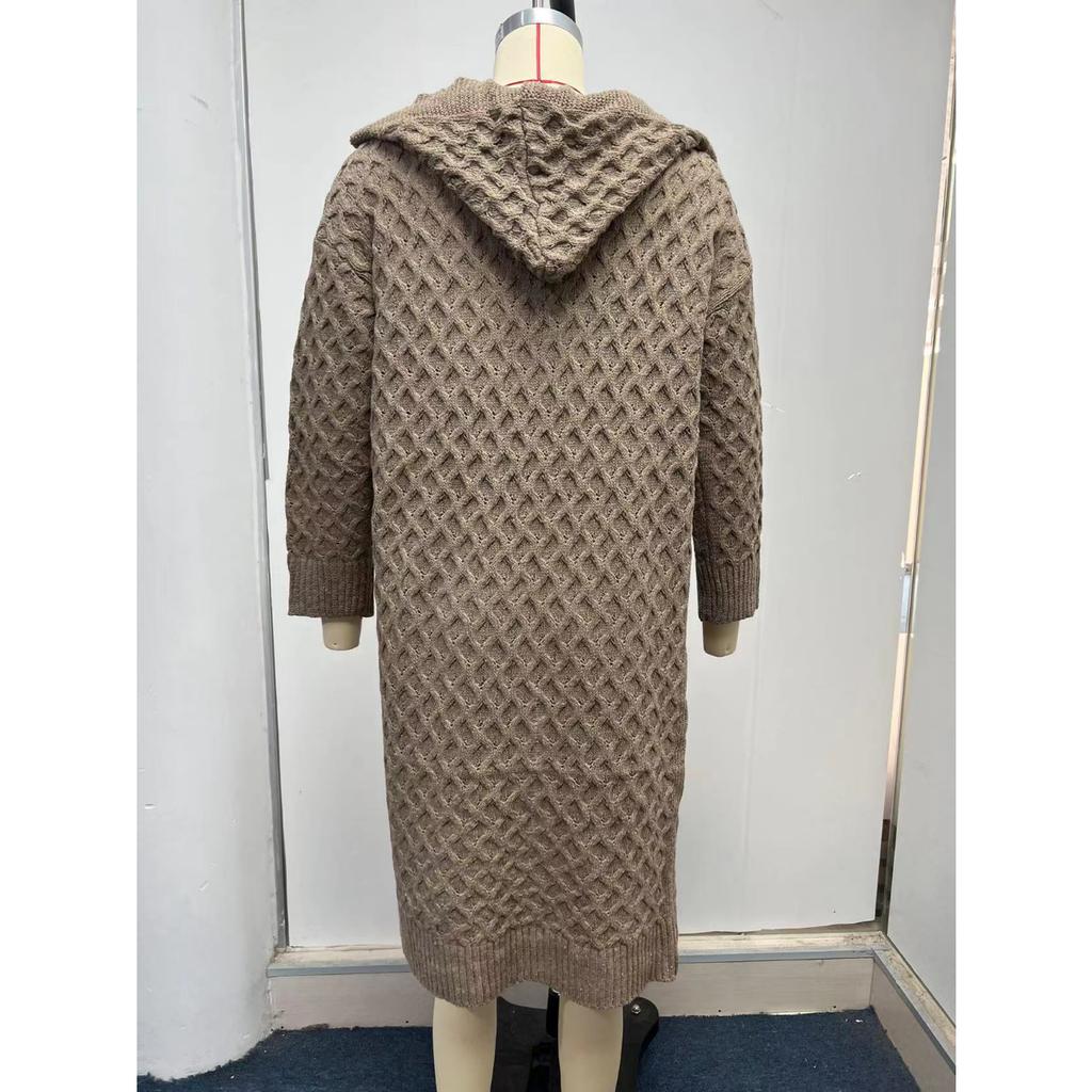 Autumn Winter Women's Long Cable Knit Hoodie, Plush Ribbed Open Front Cardigan with Warm Fleece Lining, Oversized Sweater Coat for Casual Comfort