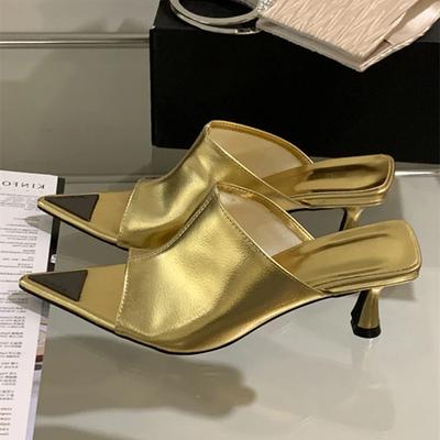 Mode Sommer Gold Spitzschuh Slide Hausschuhe Frauen Sexy Offene spitze Dünne Niedrigen Absätzen Sandalen Party Prom Damen Designer Schuhe Elegante Maultiere
