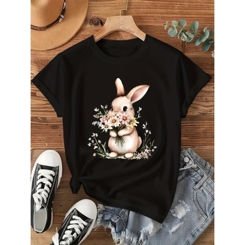 Cute Bunny and Flower Printed T-shirt, Short-sleeved Crew Neck Casual Top