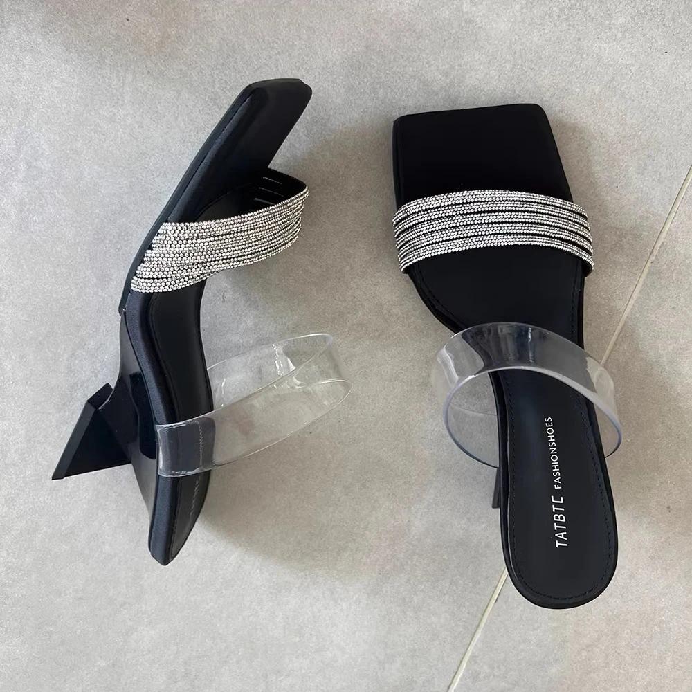2025 summer new open-toe slippers fashion outerwear temperament square head sexy rhinestone with thick heel sandals high heels
