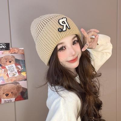 Letra R doce legal versátil moderno gorro de malha outono e inverno espessado quente protetor de orelhas lã manga cabeça chapéu frio