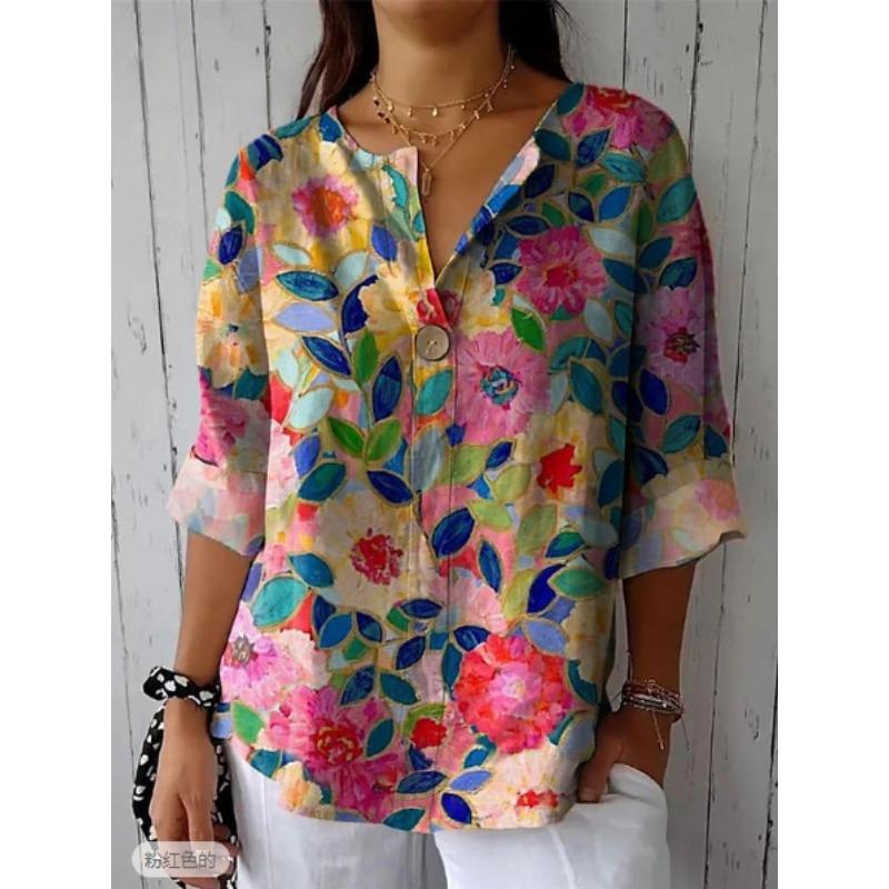 Fashion Summer Floral Printed Women Blouse V Neck Loose Casual Simple Office Shirt Ladies Summer Plus Size Holiday Sweet Short Sleeve Tops Clothes