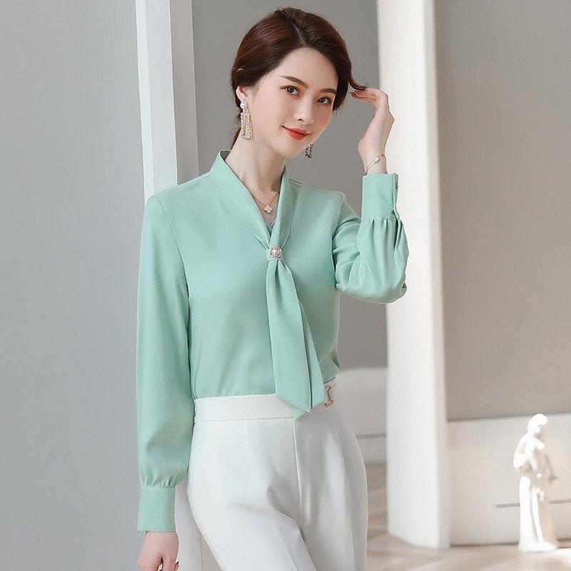 Bow Beading Elegant Chiffon Shirt Office Lady Fashion Casual All-match Blouse Commuter Basic Solid V-Neck Chic Women's Blouses