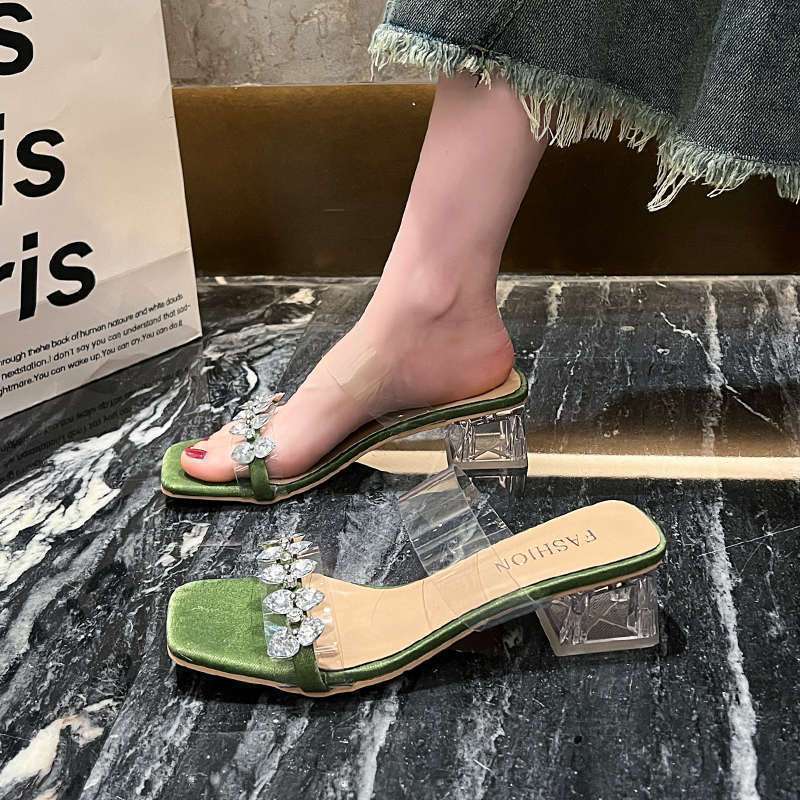 2025 summer new wear transparent word with thick heel sandals fashion fairy style high sense rhinestone slippers woman
