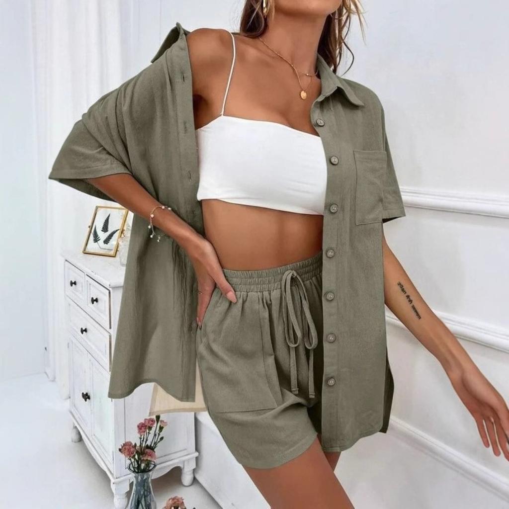 Women's Loose Fit Two-piece Set Short Sleeve Shirt Elastic Waist Shorts Casual Streetwear Matching Co-ord