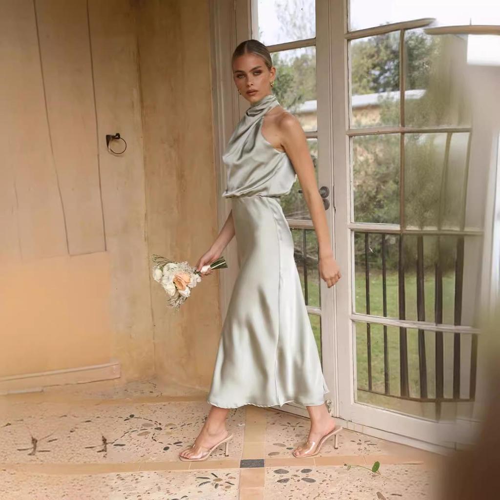 New Women's Elegant Satin Halter Dress, Sleeveless Solid Color Bodycon Midi Dress, Sexy Backless Slip Dress for Summer Evening Parties & Formal Events