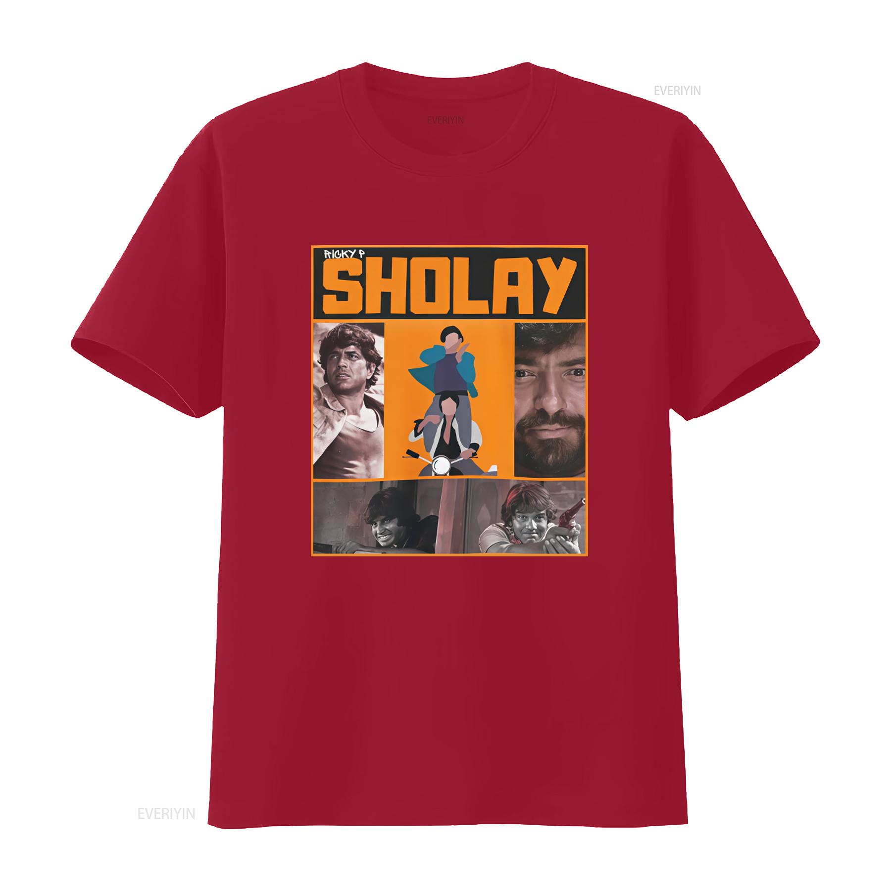 Sholay Bollywood Movie T Shirt By Ricky P Featuring Amitabh Heavy Cotton Retro Design Iconic Characters vintage Washed Slightly S
