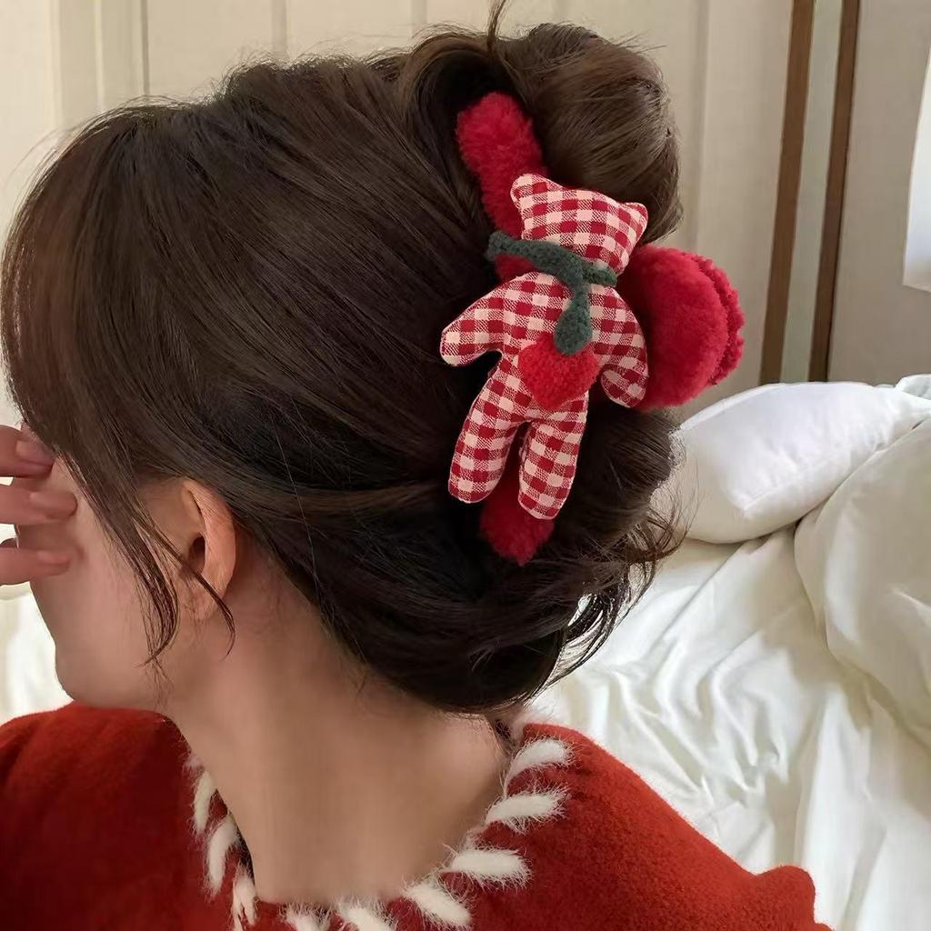 Fuzzy Red Plaid Teddy Bear Claw Clip - Christmas & New Year Hair Accessory