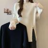 Women's Plus Size Ribbed Knit Split Long Sleeve Top, Autumn/Winter Korean Style, Half-High Neck, Loose Slimming Fit