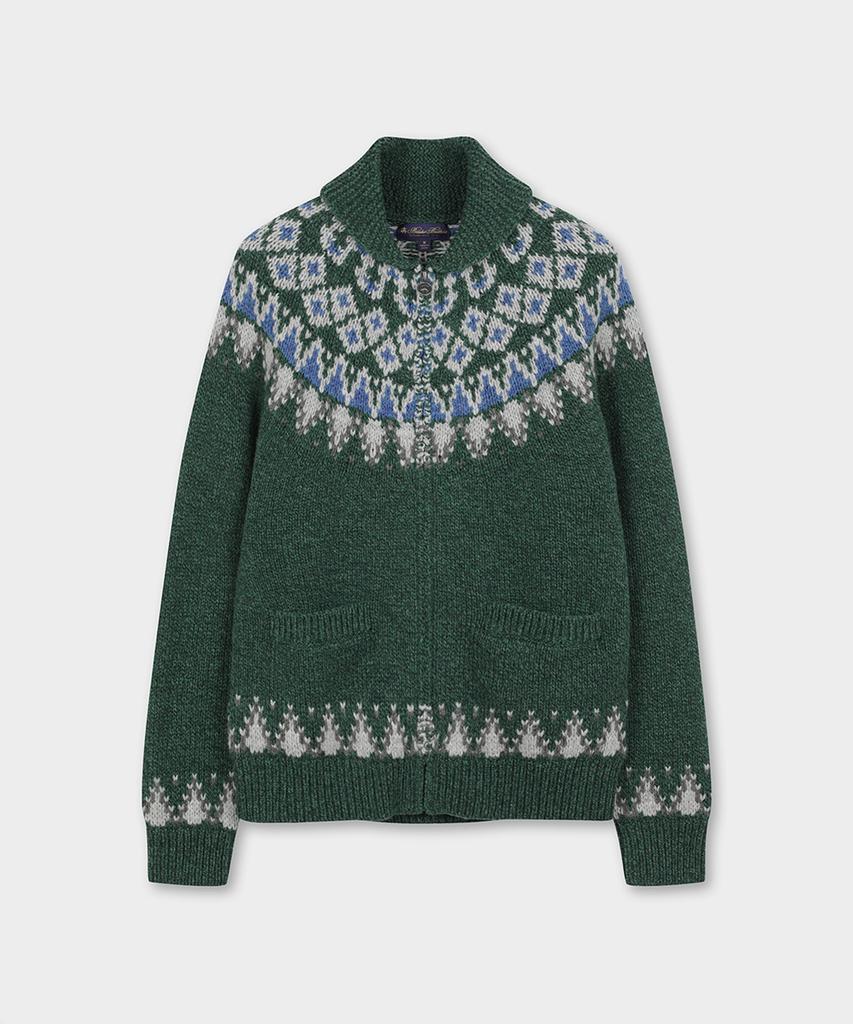 BROOKS BROTHERS Archive Wool Ski Cowichan Full-Zip Sweater (Green) (Bbwwmm3881Jew)