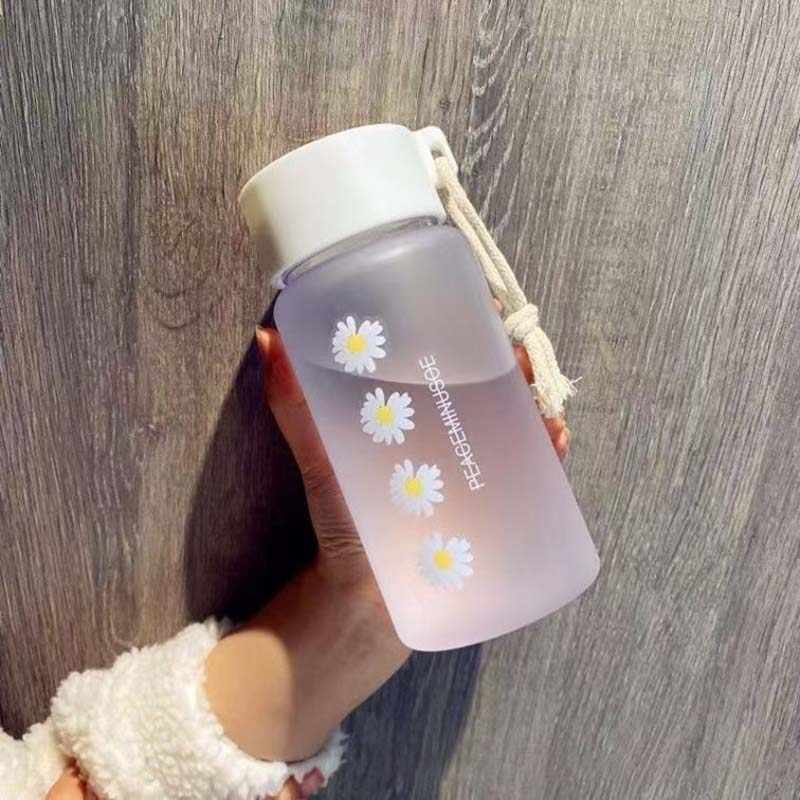 Daisy Pattern Plastic Tumbler with Non-Slip Lid, 401-500ml Shatterproof Water Bottle for School Gym Travel - Frosted/Transparent