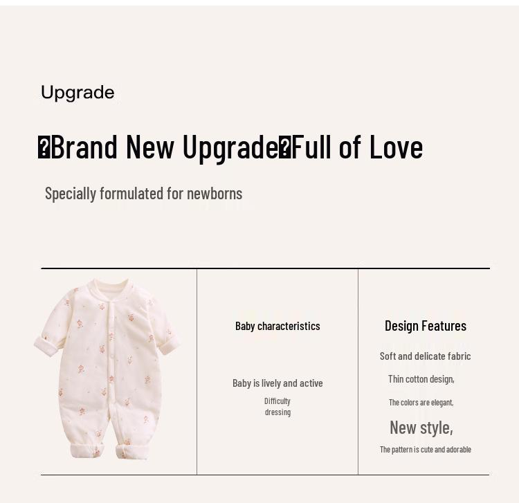 Baby Quilted Cotton Onesie - 40g, Thin, Warm Pajamas for Autumn/Winter