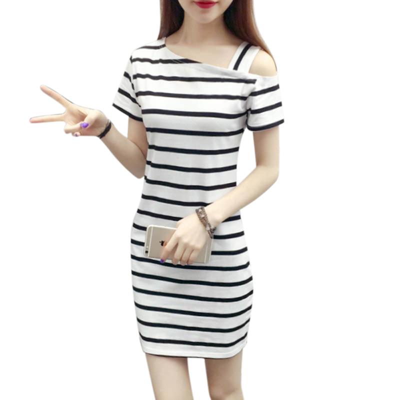 Women Fashionable Slim Design Delicate Stripe Printing Pullover Dress Off-shoulder Dress