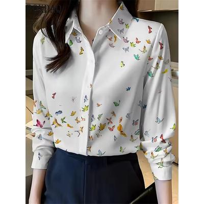 Spring Autumn Ladies Long-Sleeve Shirt Fashion Elegant Butterfly Print Pattern Tops Casual Button Down Loose Women's Blouse