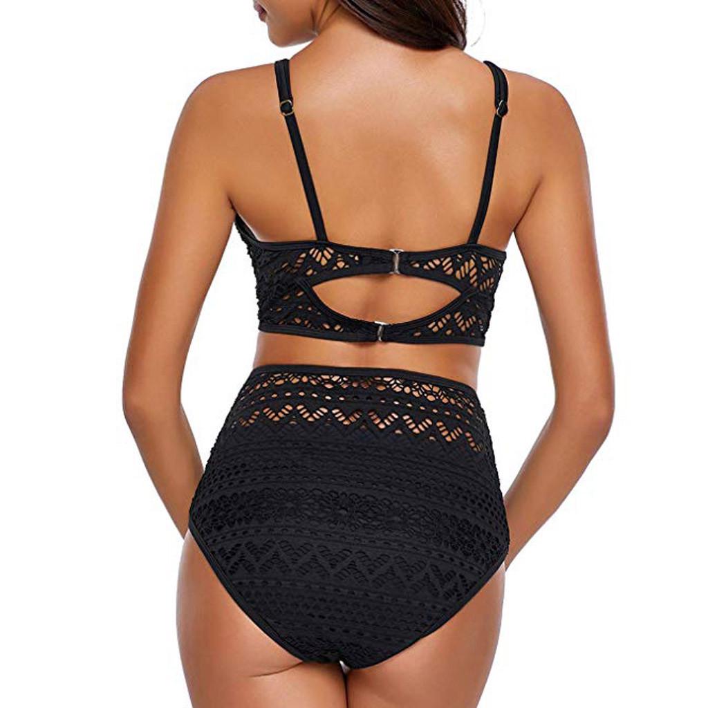 Women's Two Pieces Crochet Lace High Waist V Neck Bikini Set Swimsuit