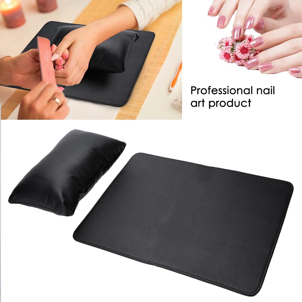 Soft PU Leather Detachable Washable Hand Rest Pillow + Folding Manicure Table Mat Black