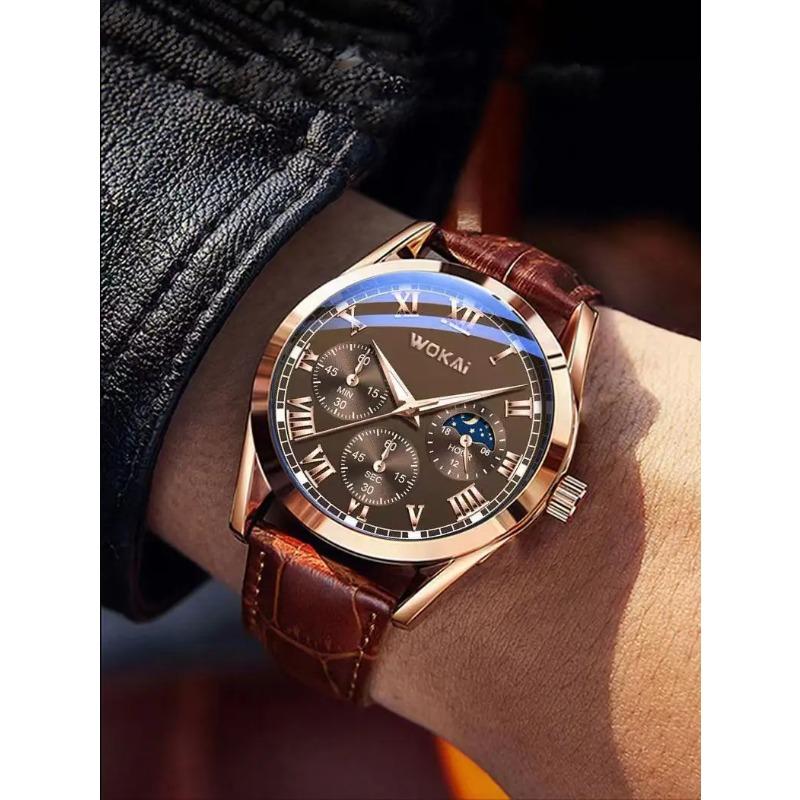Fashion Business Three-Eye Roman Dial Bamboo Belt Quartz Watch