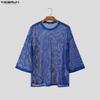 INCERUN Men Round Neck Long Sleeve Hollow Out Tops Mesh Sheer Shirts