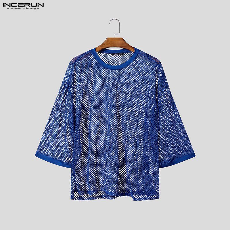 INCERUN Men Round Neck Long Sleeve Hollow Out Tops Mesh Sheer Shirts