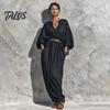 Comfortable Women Dress Women's Batwing Long Sleeve Maxi Dress, Casual V Neck Flowy Simple Style Summer Travel Vacation Loose Outfit with Belt
