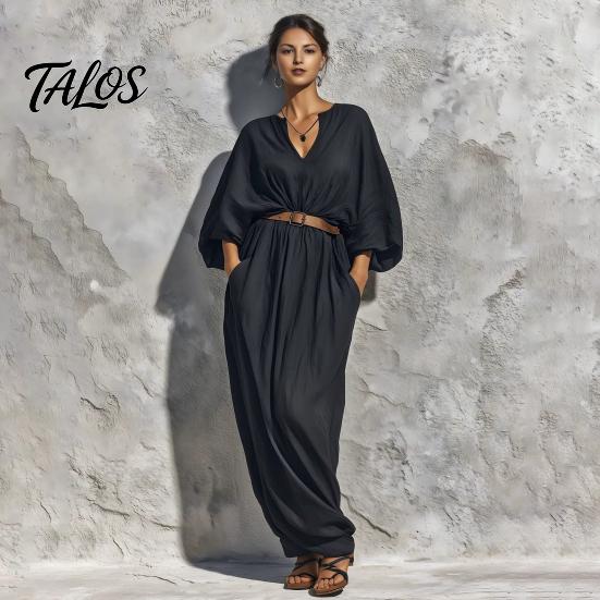 Comfortable Women Dress Women's Batwing Long Sleeve Maxi Dress, Casual V Neck Flowy Simple Style Summer Travel Vacation Loose Outfit with Belt