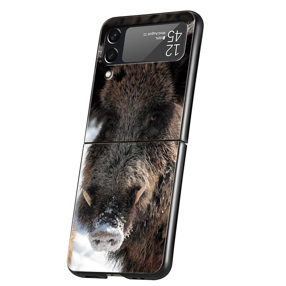 Luxury Phone Case For Samsung Galaxy Z Flip 3 4 5 6 Hard Black Folding PC For Samsung Z Flip3 Flip4 Flip5 Cover Animal Wild Boar