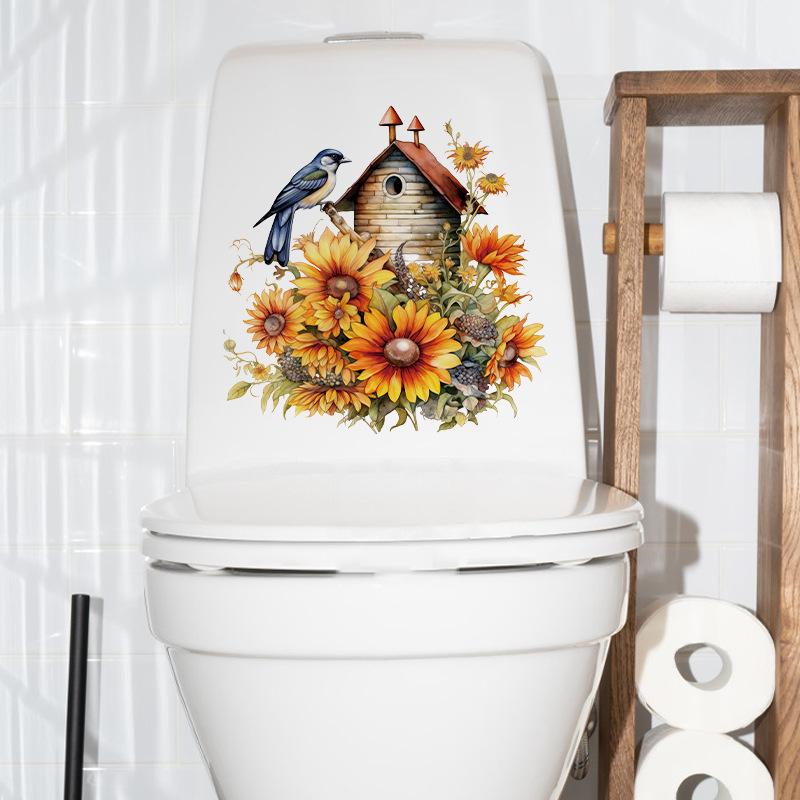 Sunflower Bird Wall Sticker for Kids Bathroom Toilet Seat Cover Decoration Self Adhesive Waterproof Home Decor