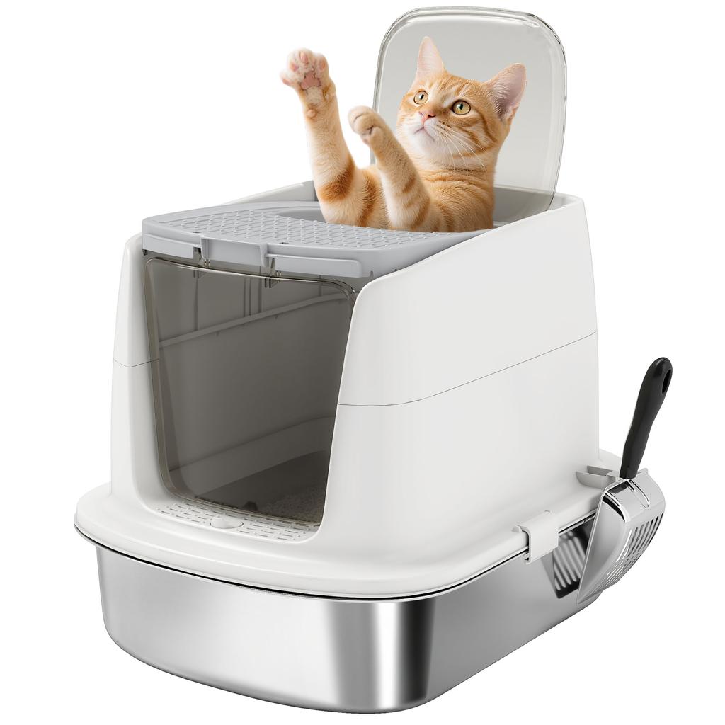 Enclosed Cat Litter Box with 2 Entrances, Deodorizer and Scoop, 52.4 X 41.3 X 39.8 Cm, White