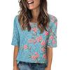 Women's Fashion Printed Round Neck Button Half Sleeve Casual Top