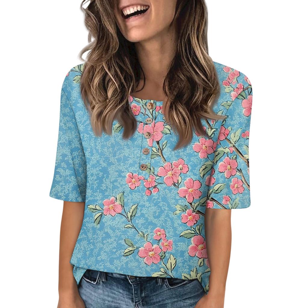 Women's Fashion Printed Round Neck Button Half Sleeve Casual Top