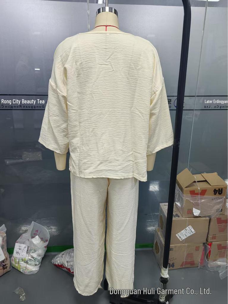 2025 Euro-American Style Solid Color Casual Two-Piece Set: Crew Neck Top & Mid-Waist Pocket Pants