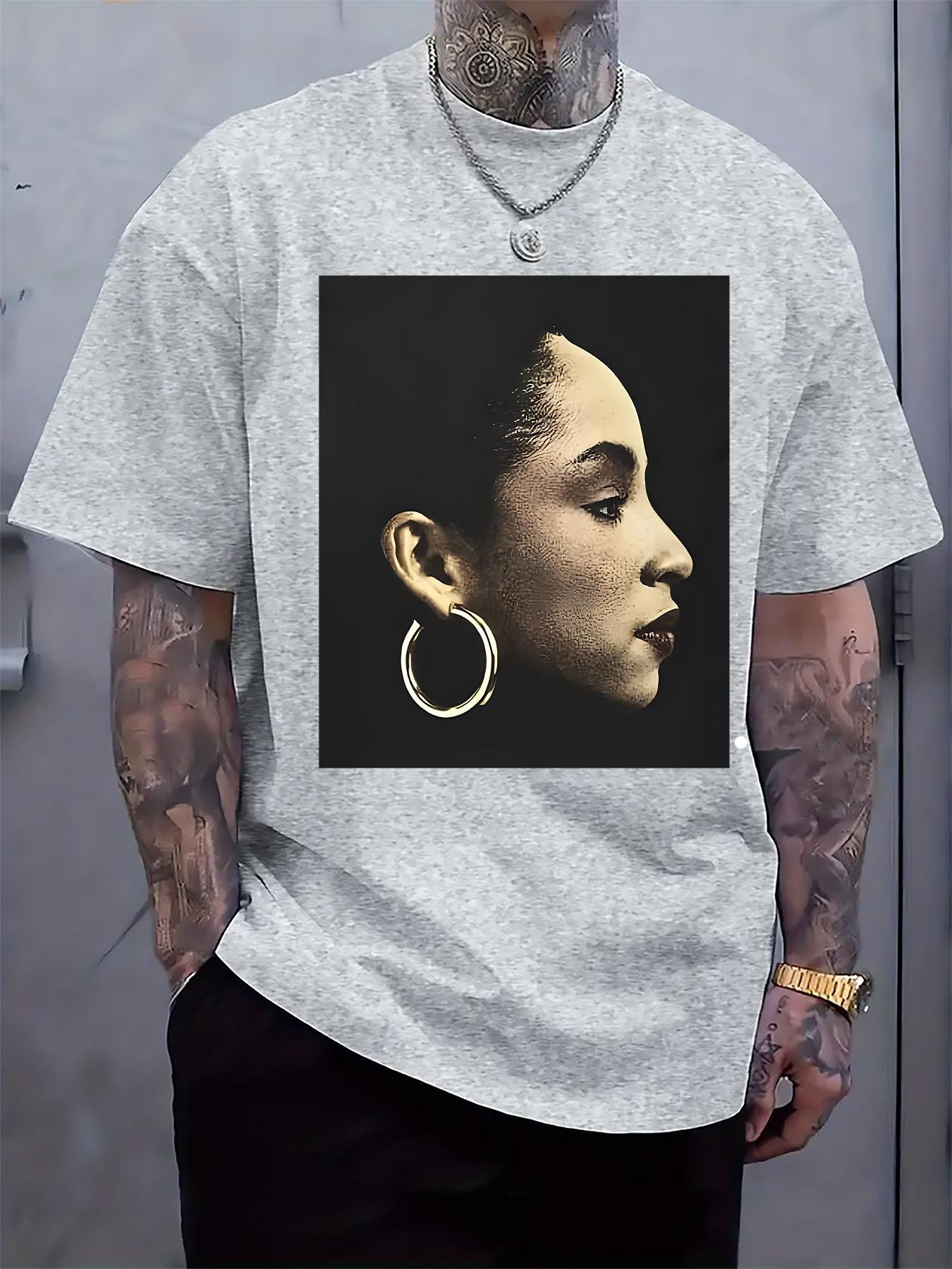 Casual Short Sleeve Tshirt with Earring Portrait Print - ... S