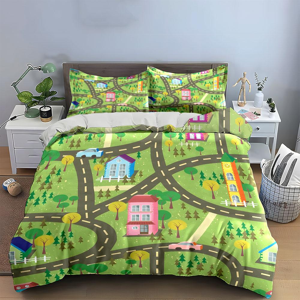 "Colorful Town Map Play Set" Kid's and Adults' Bedroom Decor, Exquisite Three-piece Bedding Set Gift