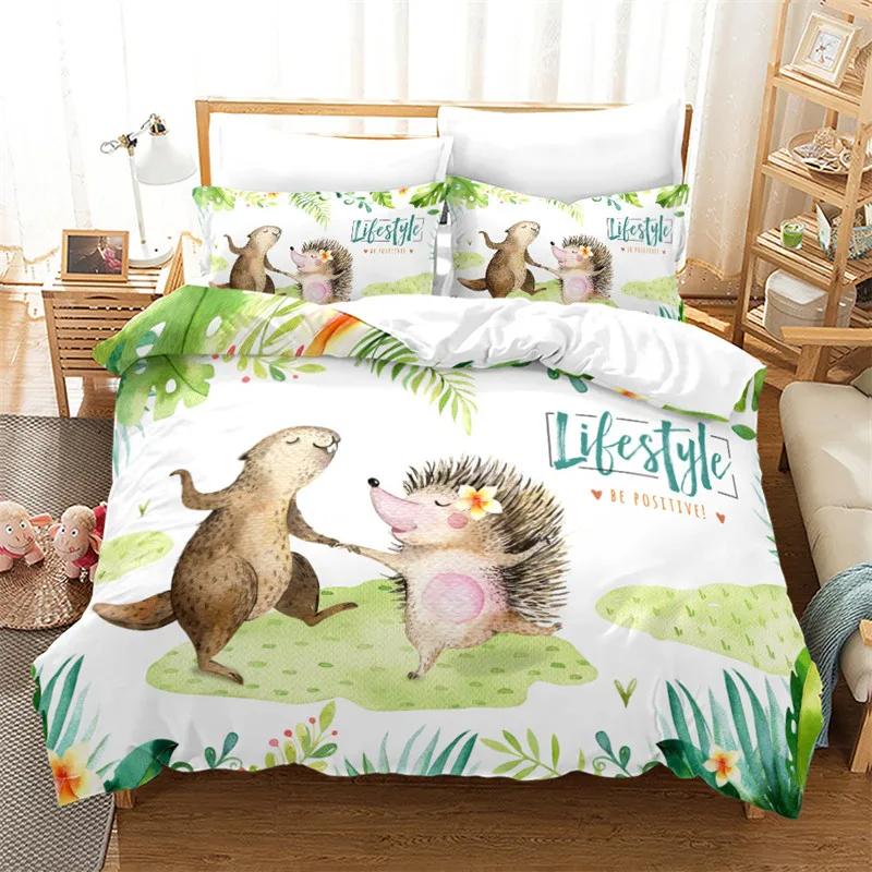 Hedgehog Bedding Set Cute Kawaii Wildlife Comforter Cover With Pillowcases For Boys Girl Polyester Bedding Set King Size