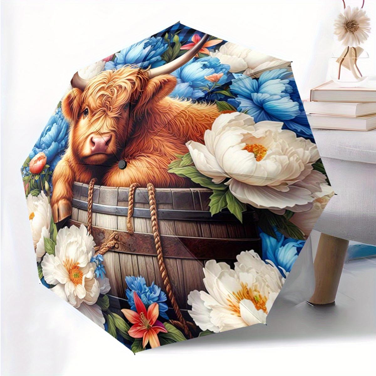 

1pc Automatic Open/close Umbrella with Highland Cattle & Floral barrel design - Heavy-Duty 8-Rib Construction, Compact Folding