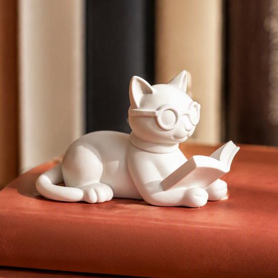 Bookshelf Decorative Accents 3D Printed Reading Cat Figurine, Statue with Eyeglasses, Creative Birthday Gifts Animal Desktop Ornament for Home Office