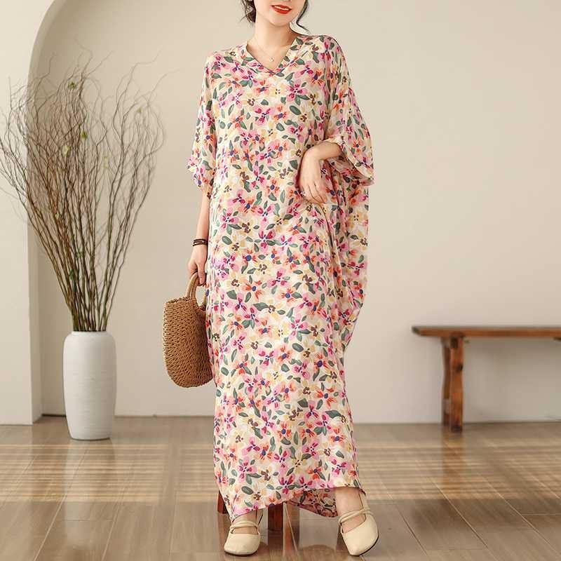 Vintage Vacation Style Enlarged Flesh Covering Thin V-neck Long Dresses