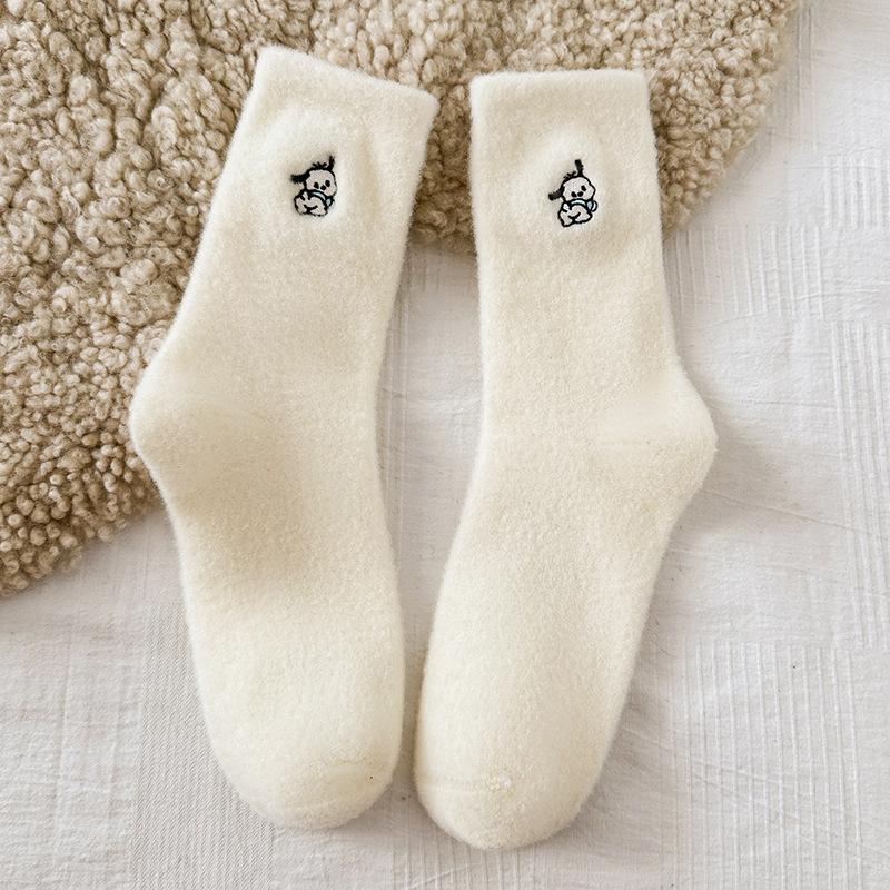 Embroidered Puppy Socks Season Mid-Tube Socks Cute Cartoon Velvet Thickened Thermal Home Floor Sleeping Socks