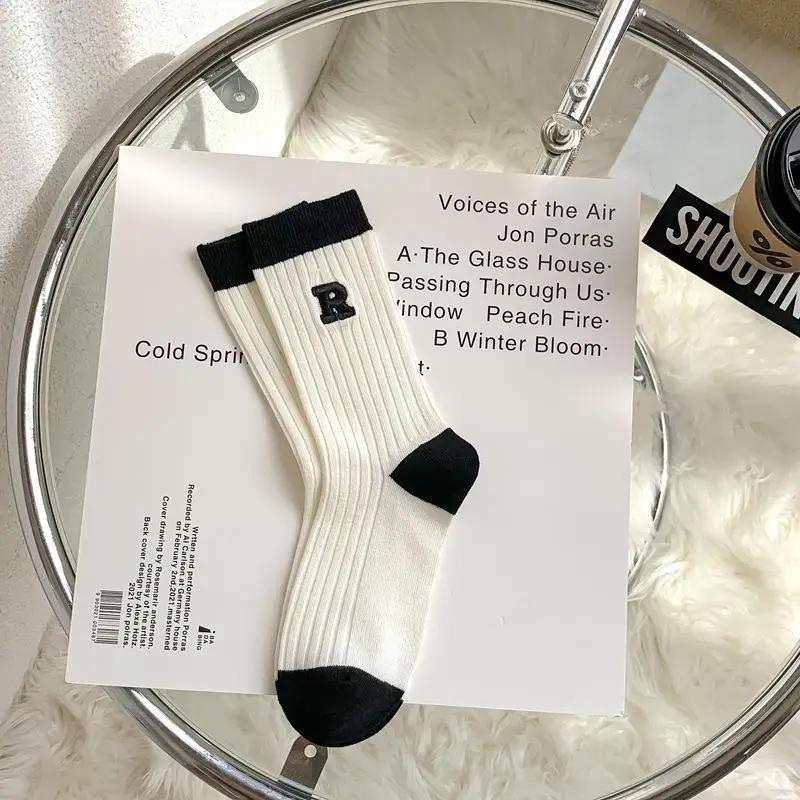 Women Socks Autumn Simple Casual Black White Striped Pile Socks For Girls Breathable Middle Tube Letter Embroidery Cotton Soft