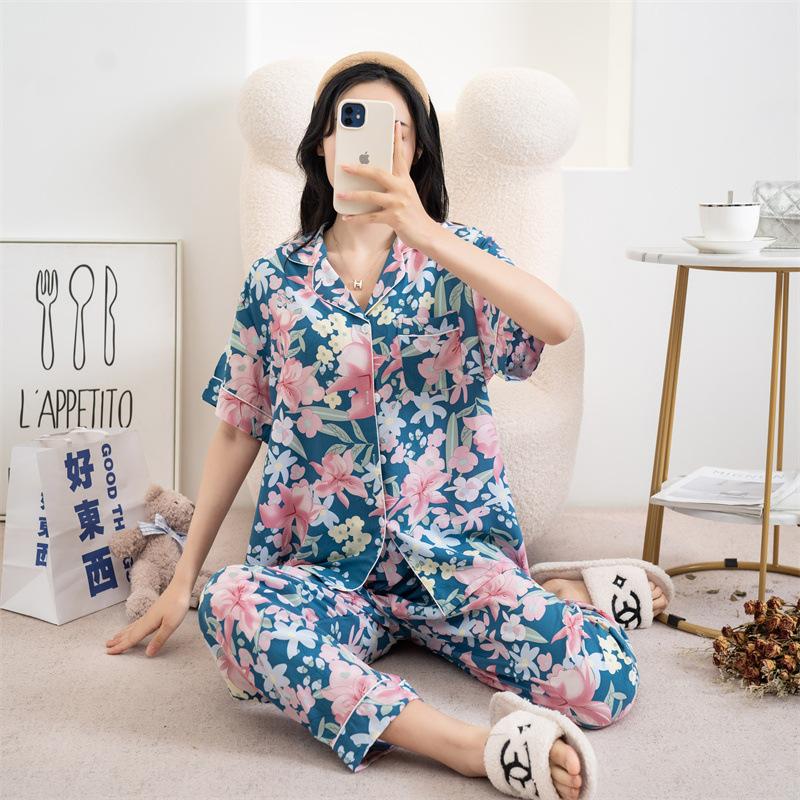 Cotton and silk pajamas women's spring and summer short-sleeved large-size suit spring and autumn thin cartoon printed loungewear