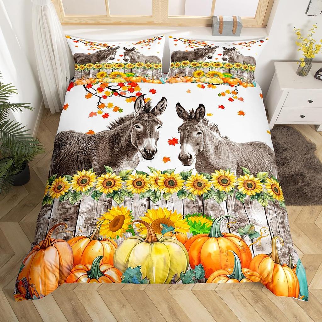 Cute Donkey Duvet Cover Rustic Barn Door Full Bedding Set Farmhouse Decor Farm Animals Comforter Cover Sunflower Flower Bed Set