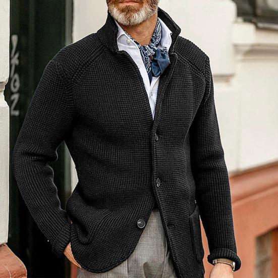 Stand Collar Long Sleeve Pockets Thickened Sweater Coat Men Autumn Winter Solid Color Buttons Placket Knitted Outerwear