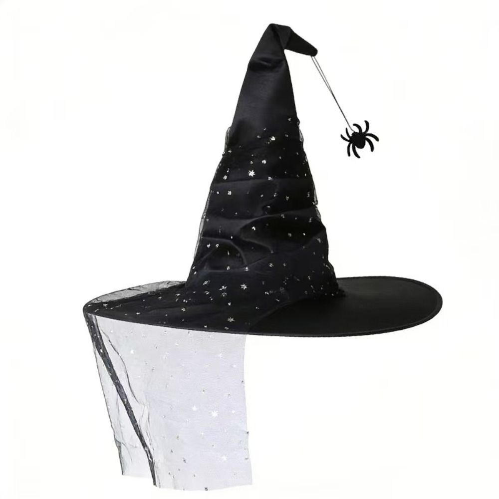 Mesh Yarn Cover Halloween Witch Hat With Veil Cosplay Accessories Pointed Mage Hat Masquerade Ball